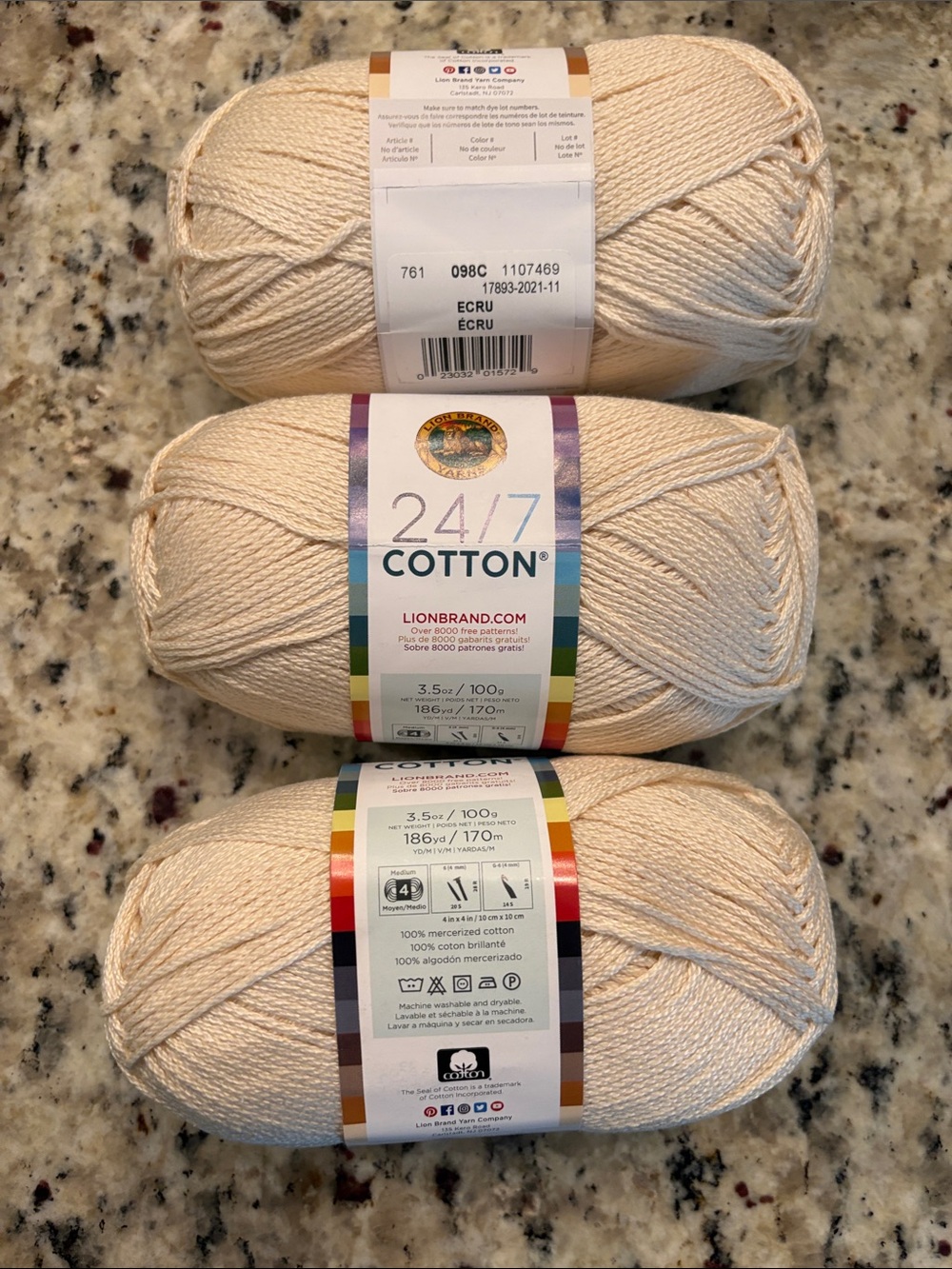 Lion Brand 24/7 Cotton Yarn - Ecru